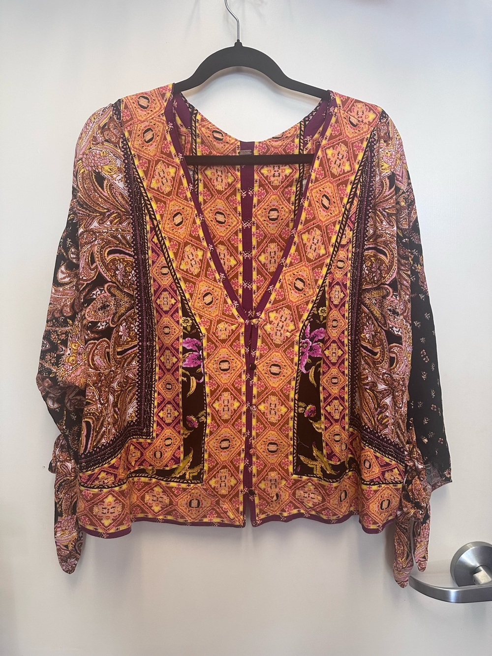 Free People Marigold and Burgundy Paisley V-Neck Blouse